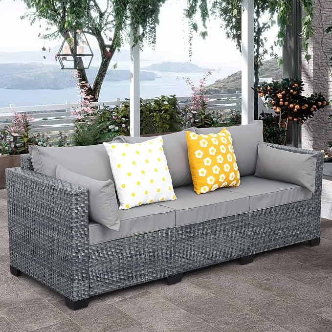 Lviden Wicker Patio Couch Outdoor 3-seat Sofa with All-Weather Rattan Deep Seater Outdoor Couch with Anti-Slip Cushions and Furniture Cover, Light Grey