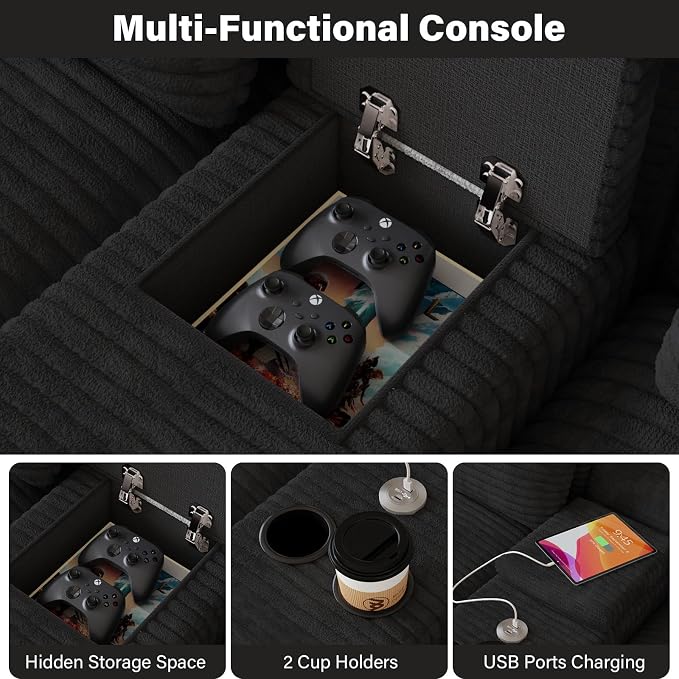 143" Oversized U Shaped Cloud Sectional Couches for Living Room, Comfy Fluffy Corduroy Black Boneless Couch, Large Modular Sectional Sofa Set with Chaise, Cup Holder, USB Port, Storage Console