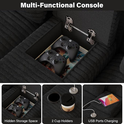 143" Oversized U Shaped Cloud Sectional Couches for Living Room, Comfy Fluffy Corduroy Black Boneless Couch, Large Modular Sectional Sofa Set with Chaise, Cup Holder, USB Port, Storage Console