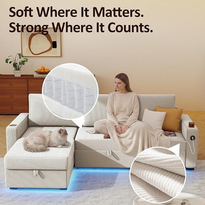 Ball & Cast 80" Sectional Sleeper Sofa Bed Pull Out Couches for Living Room | L Shaped Convertible Pull Out Sofa Bed with Storage Chaise, LED Lights, Foldable Table, USB Ports, Cup Holder and Side Pocket