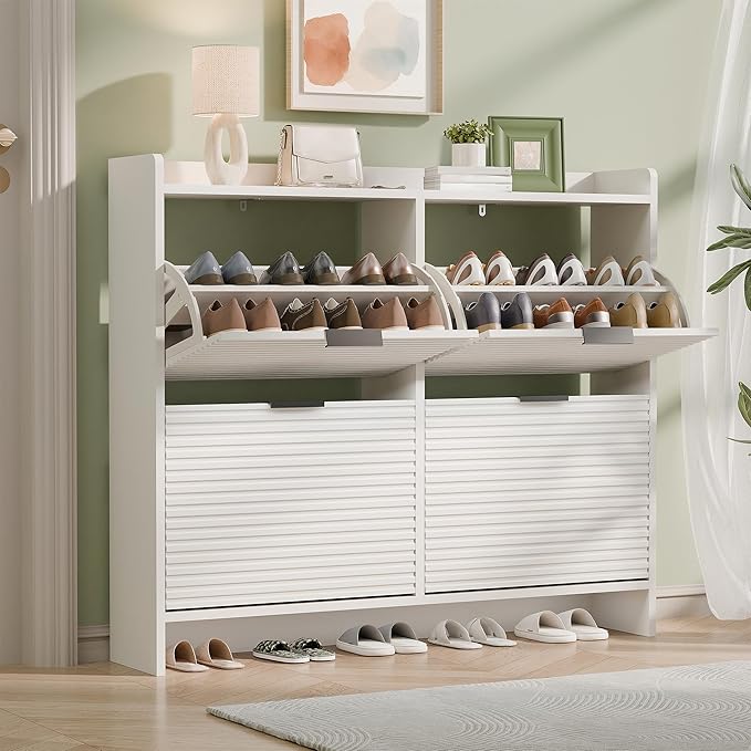 MU 46.5" W Fluted Shoe Storage Cabinet for Entryway, Shoe Cabinet with 4 Flip Drawers, Narrow Wood Shoe Rack Cabinet, Freestanding Hidden Shoe Organizer with Wooden Legs for Hallway, Entrance, White