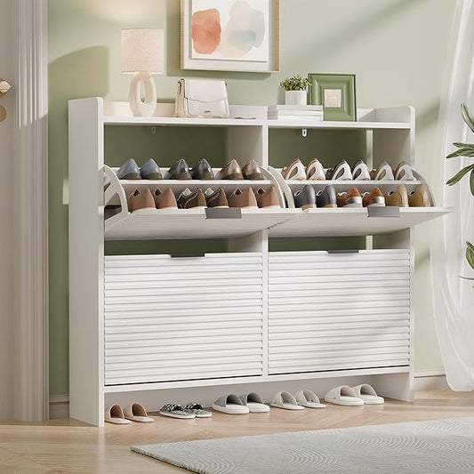 MU 46.5" W Fluted Shoe Storage Cabinet for Entryway, Shoe Cabinet with 4 Flip Drawers, Narrow Wood Shoe Rack Cabinet, Freestanding Hidden Shoe Organizer with Wooden Legs for Hallway, Entrance, White