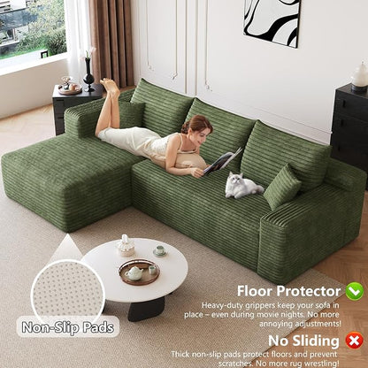 95" Modular Sectional Sofa, Modern Corduroy Cloud Couch with Side Pockets, Boneless Couch Upholstered 3-Seater L-Shaped Sofa for Living Room, No Assembly Required (Green,Left-Facing Chaise)