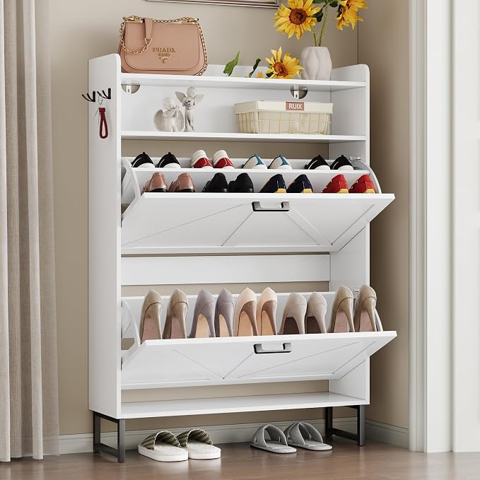 BORNOON Shoe Cabinet with 2 Flip Drawers Narrow Shoe Storage Cabinet Organizer Wooden Freestanding Shoe Rack Hidden Slim Shoes Storage Cabinet for Entryway, Hallway, Bedroom