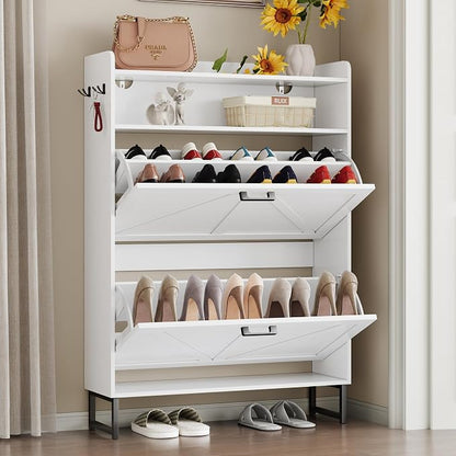 BORNOON Shoe Cabinet with 2 Flip Drawers Narrow Shoe Storage Cabinet Organizer Wooden Freestanding Shoe Rack Hidden Slim Shoes Storage Cabinet for Entryway, Hallway, Bedroom