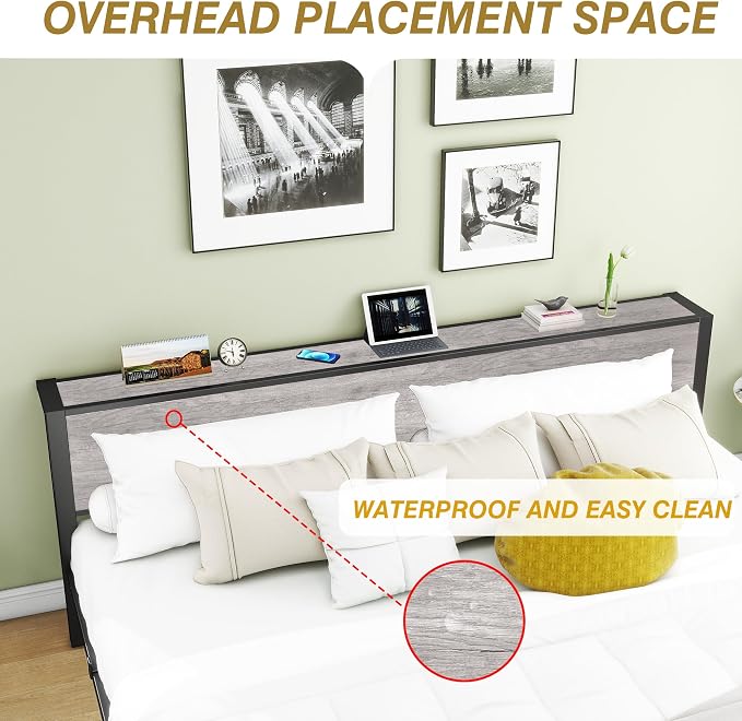 DUMEE King Bed Frame with Wood Storage Headboard, Metal Platform Bed Frames King Size, No Box Spring Needed, Noise Free, Black & Grey