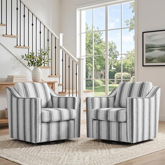 Swivel Accent Chair, Modern Round Barrel Arm Chair for Living Room, Bedroom, Comfy Club Reading Chairs for Adults (Stripe Grey, Set of 2)