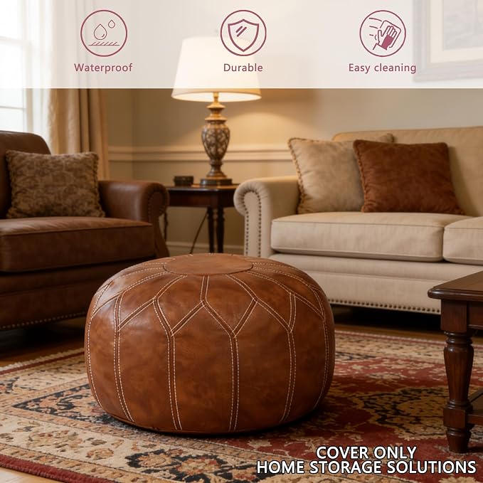 Thgonwid Unstuffed Moroccan Faux Leather Pouf Ottoman Cover with Storage - Boho Chic Multi-Use Footrest for Living Room, Bedroom, Patio - Round Ethnic Floor Cushion & Decorative Accent, Brown