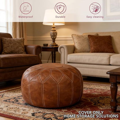 Thgonwid Unstuffed Moroccan Faux Leather Pouf Ottoman Cover with Storage - Boho Chic Multi-Use Footrest for Living Room, Bedroom, Patio - Round Ethnic Floor Cushion & Decorative Accent, Brown