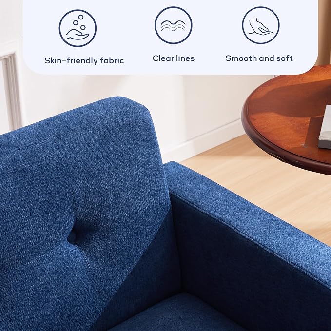 HUIMO Sofa Couch, Mid Century Modern Sofa with Solid Wood Frame, Button Tufted Couch for Bedroom, Living Room, Office, Apartment (Dark Blue, 60 inch)