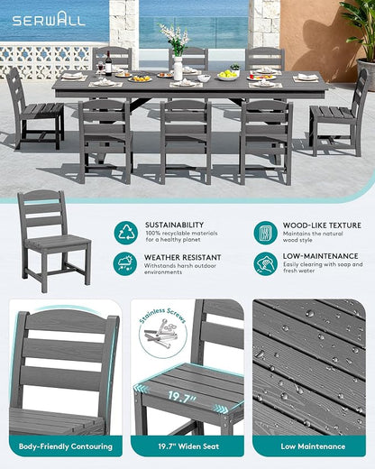 SERWALL 9 Piece 84" HDPE Outdoor Dining Set for 8 with Armless Chairs and Umbrelle Hole, Gray
