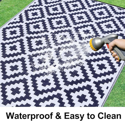 Smiry Waterproof Outdoor Rug 9x12 ft, Reversible Plastic Straw Patio Camping Rugs, Outdoor Indoor RV Mat Carpet for Patio, Outside Entry, Backyard, Deck, Bench, Picnic, Camper, White & Navy