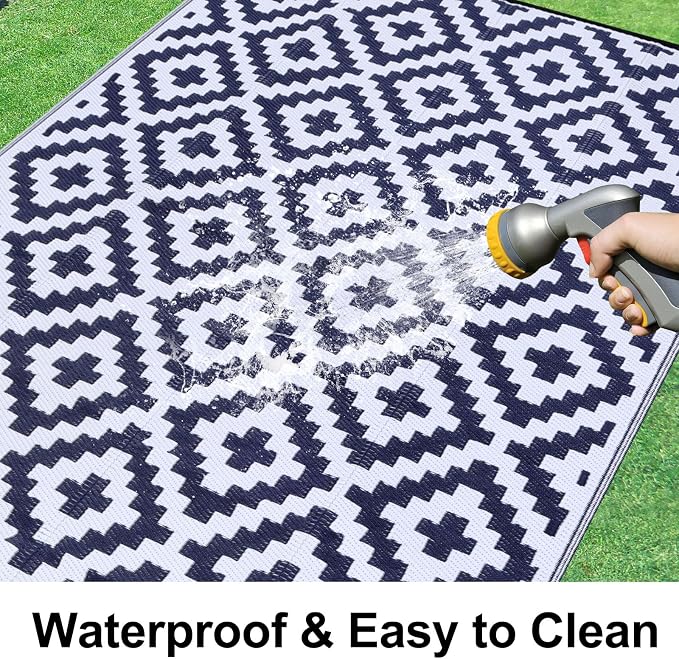 Smiry Waterproof Outdoor Rug 9X18 ft, Reversible Plastic Straw Patio Camping Rugs, Outdoor Indoor RV Mat Carpet for Patio, Outside Entry, Backyard, Deck, Bench, Picnic, Camper, White & Navy