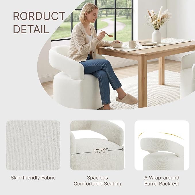 KISLOT Upholstered Dining Chairs Set of 1, Modern Arm Kitchen & Dining Room Chairs with Hidden Casters, Linen Fabric Padded Rolling Chairs, Sturdy Wood Frame, 300 lbs Capacity, Ivory White