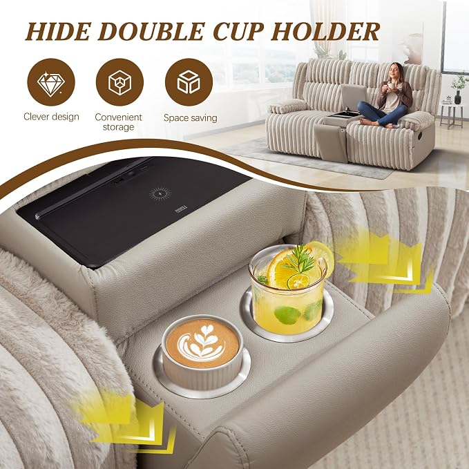 Oversized Reclining Loveseat with Hidden Cup Holders & Wireless Charger, Manual Double Recliner Sofa, Wall Hugger Loveseat Recliner with USB Ports for Living Room (Beige, Loveseat)