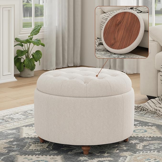 25Inch Round Ottoman with Storage, Tufted Fabric Modern Circle Ottoman with Reversible Tray Lid and Wood Legs, Multi-Functional Small Coffee Table for Living Room, Bedroom, Camel