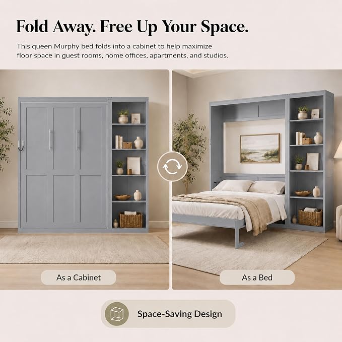 Queen Murphy Bed Cabinet with Storage, Wall Bed with Five-Layer Cabinet, Murphy Cabinet Hidden Bed, Space Saving Cabinet Bed with Dual Piston Mechanism for Apartment, Guest Room, Office (Gray 5)