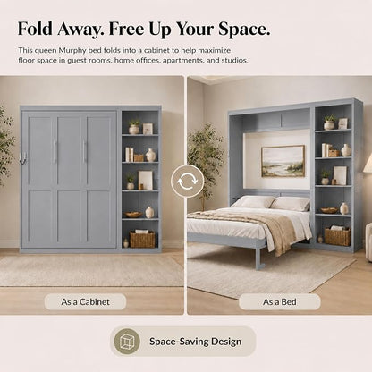 Queen Murphy Bed Cabinet with Storage, Wall Bed with Five-Layer Cabinet, Murphy Cabinet Hidden Bed, Space Saving Cabinet Bed with Dual Piston Mechanism for Apartment, Guest Room, Office (Gray 5)