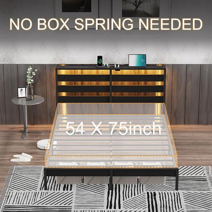 Full Size Metal Platform Bed Frame with LED Headboard & Storage Shelf, Modern Black Metal Bed with USB Charging, No Box Spring Needed, Sturdy Slat Support for Bedroom（Black,Full）