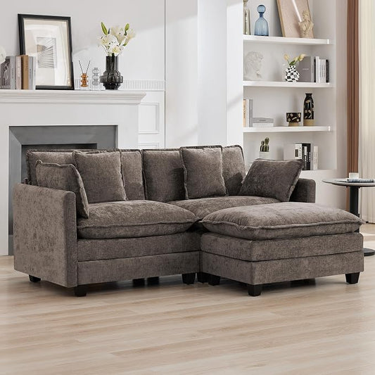76'' Cloud Deep Seat Loveseat Sofa, Upholstered Modular 2-Seats Sectional Sofa Couch with Movable Ottoman, Modern Comfy Settee Loveseat for Living Room Set, Small Apartment, Brown