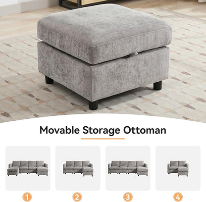 WUTUTUEE 58”Modular Sectional Loveseat Sofa with Storage, Comfy Office L Shaped Sofa Couch, Chenille Love Seat Modular Sectional Couch with Movable Ottoman for Living Room, Bedroom, Light Grey