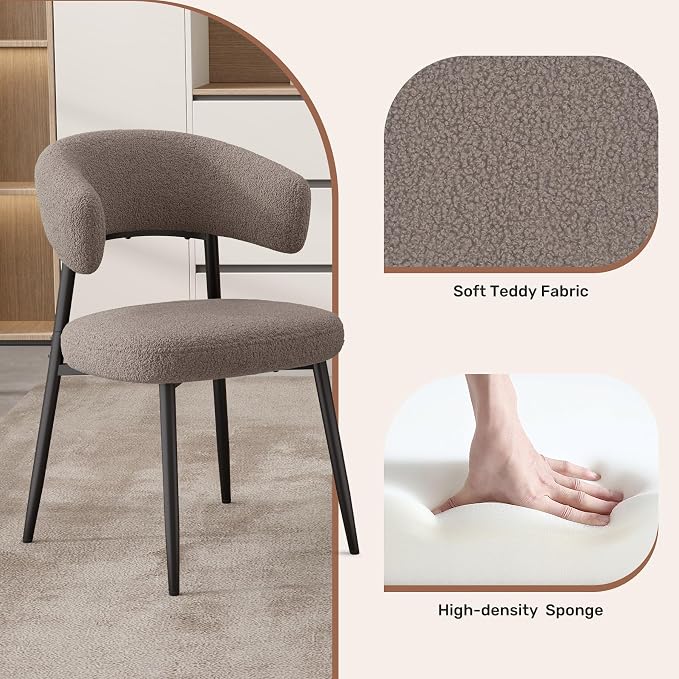 Dining Chairs Set of 6, Mid Century Modern Kitchen Chairs, Boucle Upholstered Dining Chair with Curved Backrest & Metal Legs for Kitchen Dining Room, Brown