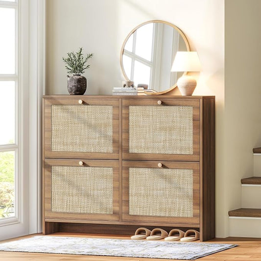 Nicetree Shoe Cabinet Storage for Entryway, 4-Flip Drawer Narrow Shoe Rack, Organic Modern Rattan Shoe Organizer, Shoe Organizer Fits Men's Size 13.5, Walnut
