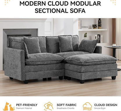 76'' Cloud Deep Seat Loveseat Sofa, Upholstered Chenille Modular 2-Seats Sectional Sofa Couch with Movable Ottoman, Modern Comfy Settee Loveseat for Living Room Set, Small Apartment, Grey