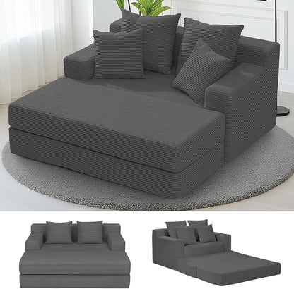 cidludto Convertible Futon Sofa Bed with Ottoman, 5 in 1 Folding Couch Bed Loveseat, Corduroy Boneless Couch with Deep Seat for Living Room Chaise Lounge Chair Indoor, No Assembly Required, Grey