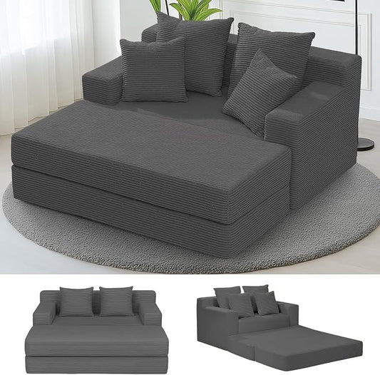 cidludto Convertible Futon Sofa Bed with Ottoman, 5 in 1 Folding Couch Bed Loveseat, Corduroy Boneless Couch with Deep Seat for Living Room Chaise Lounge Chair Indoor, No Assembly Required, Grey