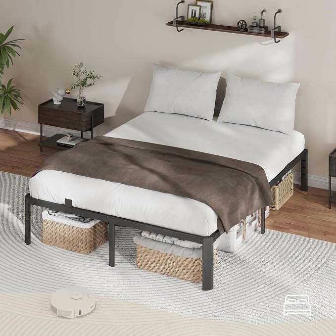 Metal Bed Frame King Size, 14 Inch 3500 lbs Heavy Duty Platform Bed Frames Steel Slats Noise Free No Box Spring Needed, Easy Assemble Sturdy Bedframe with Storage and Mattress Retainers
