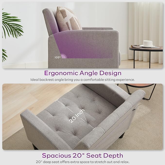 TYBOATLE Accent Chairs Set of 2 Comfy Living Room Chair Tufted Mid Century Modern Accent Chair, Cozy Upholstered Reading Arm Chair for Office, Bedroom (Light Grey, Set of 2)
