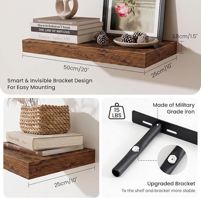 Fun Memories Wood Floating Shelves 20 Inch, 10 Inch Deep Shelves Wall Mount, Wall Shelves with Invisible Bracket, 20" Floating Shelves for Living Room Bathroom Bedroom, Rustic Brown, Set of 2