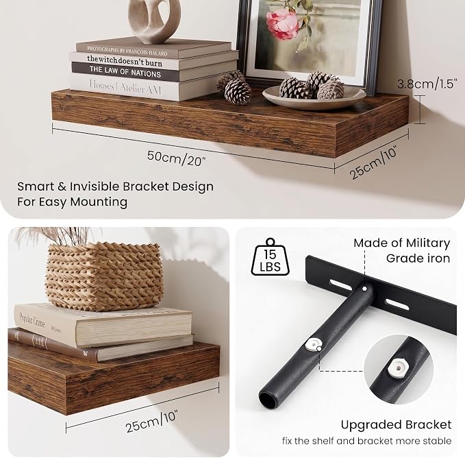 Fun Memories Wood Floating Shelves 20 Inch, 10 Inch Deep Shelves Wall Mount, Wall Shelves with Invisible Bracket, 20" Floating Shelves for Living Room Bathroom Bedroom, Rustic Brown, Set of 3