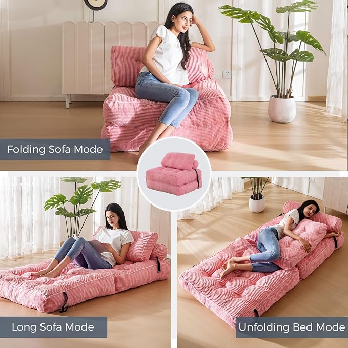 MAXYOYO Folding Sofa Bed, Convertible Chair with Pillow Foldable Couch with Back Support, Portable Fold Out Chair Bed Comfy Floor Sofa Lounge for Living Room Bedroom, Pink, Single
