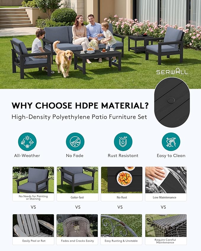 SERWALL HDPE Patio Furniture Set, 7-piece Outdoor Sectional Sofa Set, All Weather Outdoor Couch Set for Deck, Lawn, Black Frame with Grey Cushion