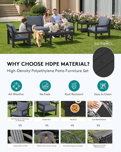 SERWALL HDPE Patio Furniture Set, 7-piece Outdoor Sectional Sofa Set, All Weather Outdoor Couch Set for Deck, Lawn, Black Frame with Grey Cushion