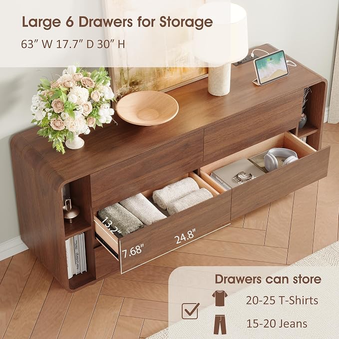 Whalefall 63 Inch 6 Drawer Dresser with Shelves, Rounded Corner, Walnut | Large Chest of Drawers for Bedroom, Mid Century Modern, Wood Closet Storage Organizer, Wide TV Stand for Living Room
