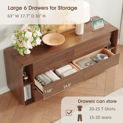 Whalefall 63 Inch 6 Drawer Dresser with Shelves, Rounded Corner, Walnut | Large Chest of Drawers for Bedroom, Mid Century Modern, Wood Closet Storage Organizer, Wide TV Stand for Living Room