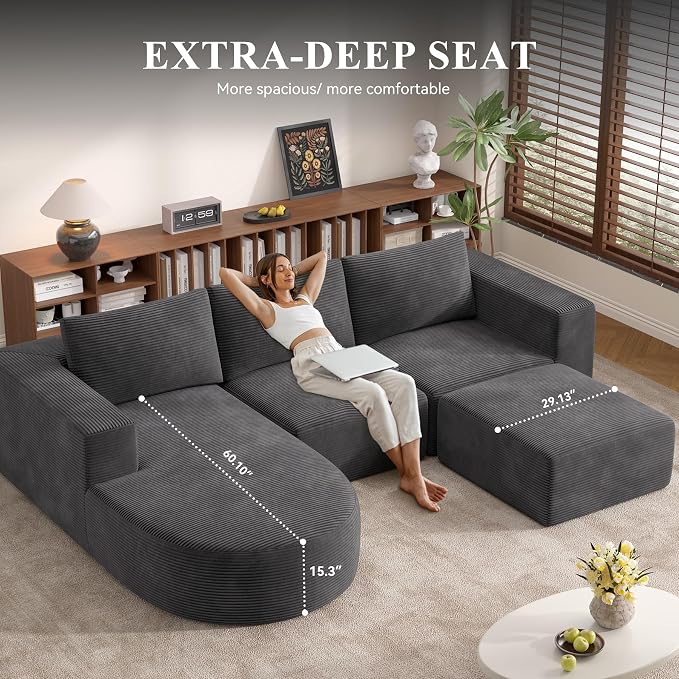 Boneless Couches for Living Room with Chaise,104" Modular Sectional Sofa with Convertible Ottoman,Cozy Cloud Couch with U-Shaped,Sponge Compression Sofas in a Box,No Assembly Required(Gray) 1pcs