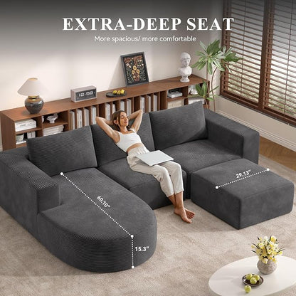 Boneless Couches for Living Room with Chaise,104" Modular Sectional Sofa with Convertible Ottoman,Cozy Cloud Couch with U-Shaped,Sponge Compression Sofas in a Box,No Assembly Required(Gray) 1pcs