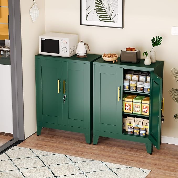 Green Metal Storage Cabinet, 36" Tall Locking Storage Cabinet, 12”D | with 2 Adjustable Shelves, Steel Locker Organizer, Metal Freestanding Buffet Cupboards Sideboard for Office, Home, School,2PS