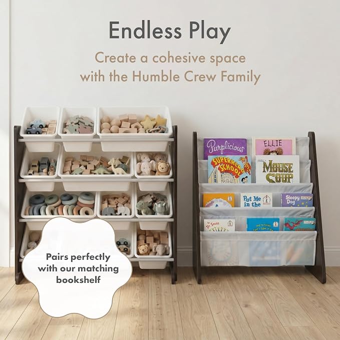 Humble Crew Toy Storage Organizer with 12 Removable Storage Bins for Kids Playroom, 4-Tier Toddler Toy Organization, Espresso/White