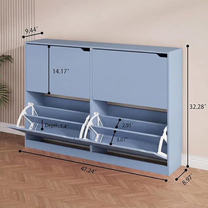 Shoe Storage Cabinet, Wood Shoe Organizer for Entryway with 3 Flip Drawers, Freestanding Shoe Rack with Adjustable Shelf, Narrow Shoe Dresser for Front Door Entrance (Blue, Standard 4 Drawers)
