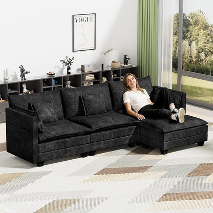 LEVELEVE 112.5" L-Shape Modular Sofa with 1 Ottomans, Deep Seat Cloud Convertible Sleeper, 3 Throw 2 Arm Pillows, Comfortable Upholstered Furniture for Living Room Apartment, Black
