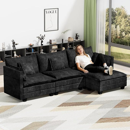 LEVELEVE 112.5" L-Shape Modular Sofa with 1 Ottomans, Deep Seat Cloud Convertible Sleeper, 3 Throw 2 Arm Pillows, Comfortable Upholstered Furniture for Living Room Apartment, Black