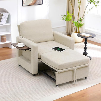 3 in 1 Folding Convertible Sleeper Sofa Bed Pull Out Couch with Side Pockets USB Port Side Table Single Sofa Bed with Adjustable Backrest for Living Room Bedroom 66" 66" Lightbrown 1 SEAT