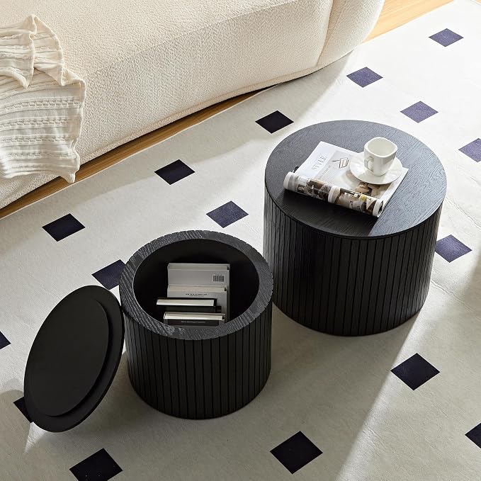 Nesting Coffee Tables Set of 2, Black Round Coffee Tables with Storage, Modern Fluted Circle Coffee Tea Table, Accent Wooden Drum Side End Table for Small Spaces Living Room