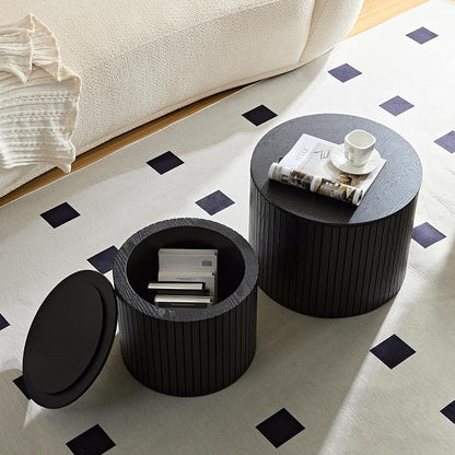 Nesting Coffee Tables Set of 2, Black Round Coffee Tables with Storage, Modern Fluted Circle Coffee Tea Table, Accent Wooden Drum Side End Table for Small Spaces Living Room