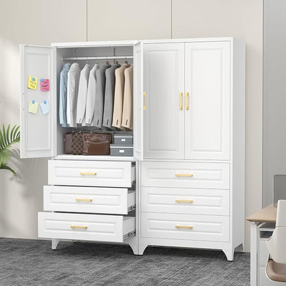 Polup Metal Armoire Wardrobe Closet with Three Drawers, 71“ Tall Large Wardrobe Cabinet with Hanging Rod, Freestanding Wardrobe Cabinet with Doors for Bedroom, White, Assemble Required